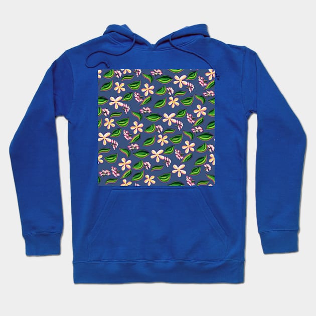 Bright Gouache Florals on Blue Hoodie by paintedpansy